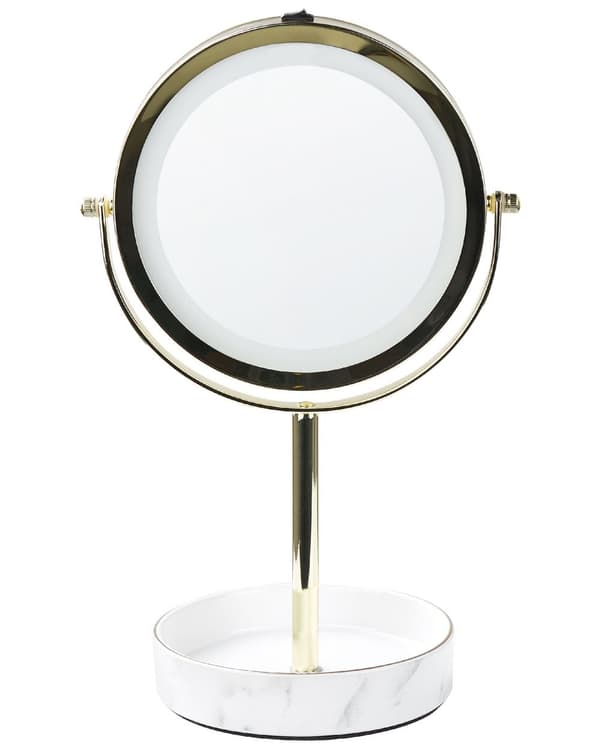 Sminkespeil Gull Hvit Jern Metallramme Keramikkbase ø 26 cm LED-lys 1x/5x forstørrelse Tosidig Moderne Tilbehør Baderom