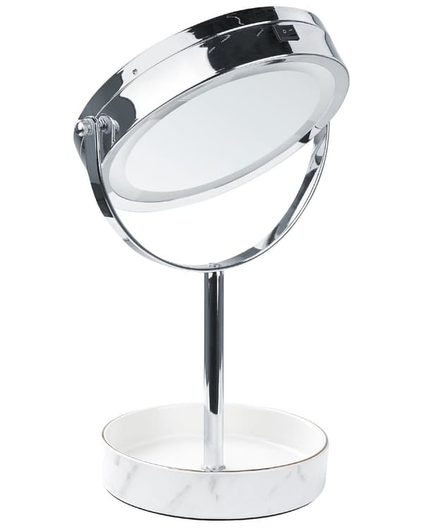 Sminkespeil Sølv Hvit Jern Metallramme Keramikkbase ø 20 cm LED-lys 1x/5x forstørrelse Tosidig Moderne Tilbehør Baderom