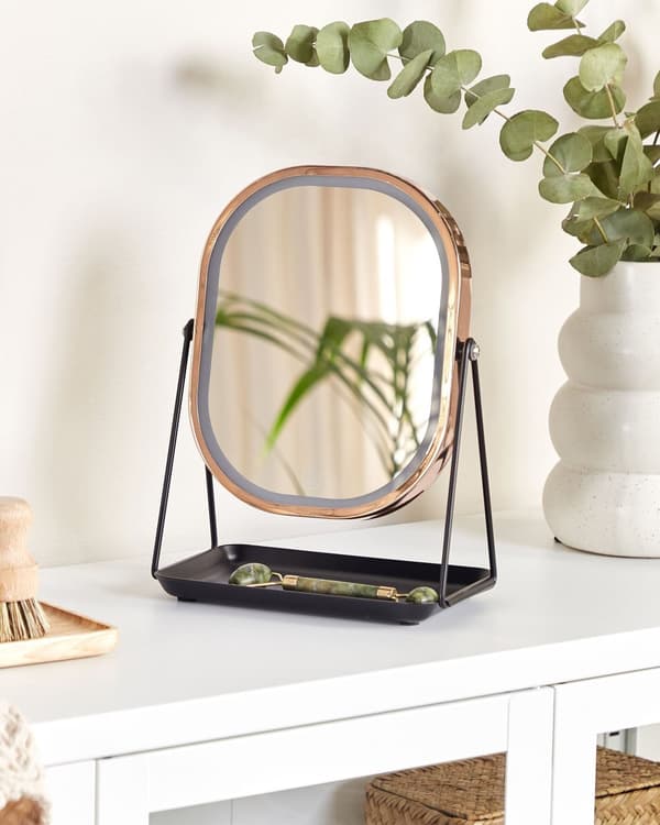 Sminkespeil med lys Rosegull Metall 20 x 22 cm LED Dekorativt Moderne Oppbevaring Tilbehør Bordspeil