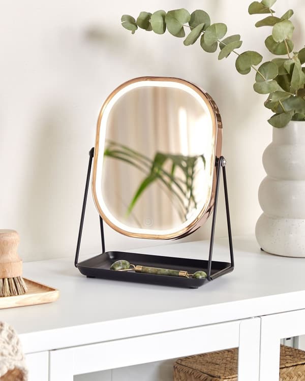 Sminkespeil med lys Rosegull Metall 20 x 22 cm LED Dekorativt Moderne Oppbevaring Tilbehør Bordspeil