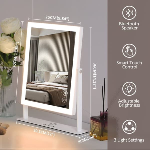 FENCHILIN Hollywood Sminkespejl med Belysning Bluetooth 360° Drejelig Bordplade Spejl Hvid 25 x 30 cm