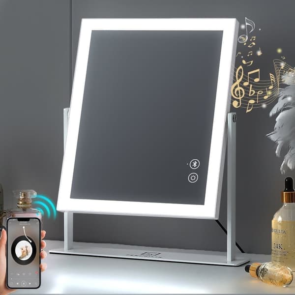 FENCHILIN Hollywood Sminkespejl med Belysning Bluetooth 360° Drejelig Bordplade Spejl Hvid 25 x 30 cm