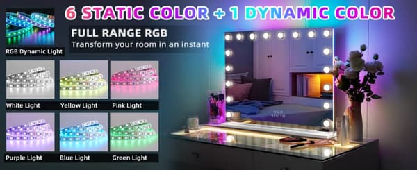 Suuri meikkipeili valolla, Hollywoodin valaistu meikkipeili 18 himmennettävällä LED-valolla kotiin, RGB, 80 x 58cm