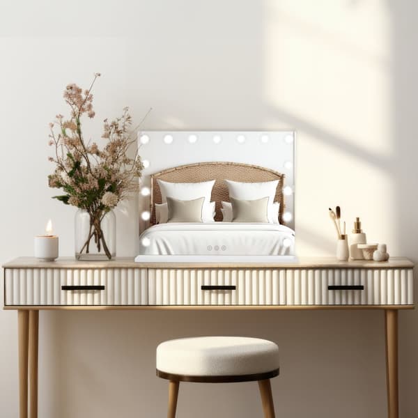 Light Up Hollywood Mirror LED Vanity Makeup Table Wall Touch Screen Dimmable 3 Colour Modes Bluetooth Speaker 2 Charging Ports USB-A & USB-C Microfibr