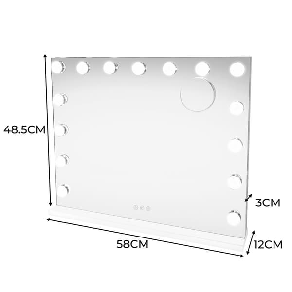 Light Up Hollywood Mirror LED Vanity Makeup Table Wall Touch Screen Dimmable 3 Colour Modes Bluetooth Speaker 2 Charging Ports USB-A & USB-C Microfibr