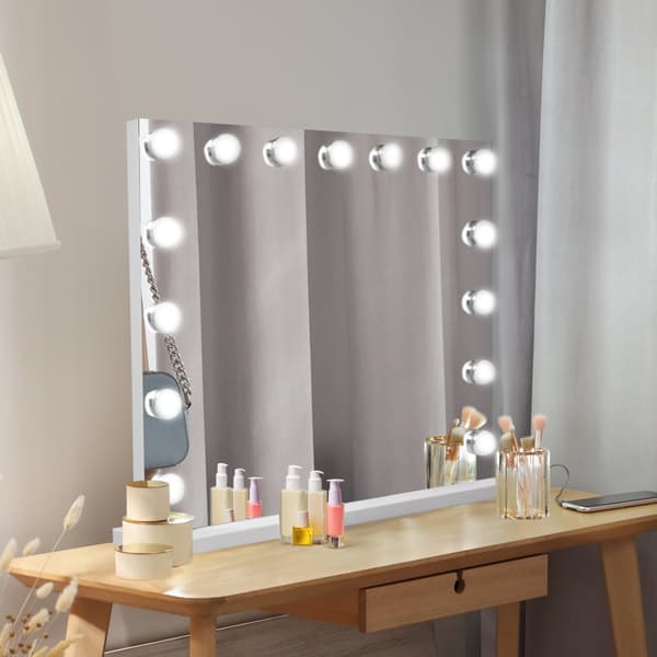 Light Up Hollywood Mirror LED Vanity Makeup Table Wall Touch Screen Dimmable 3 Colour Modes Bluetooth Speaker 2 Charging Ports USB-A & USB-C Microfibr