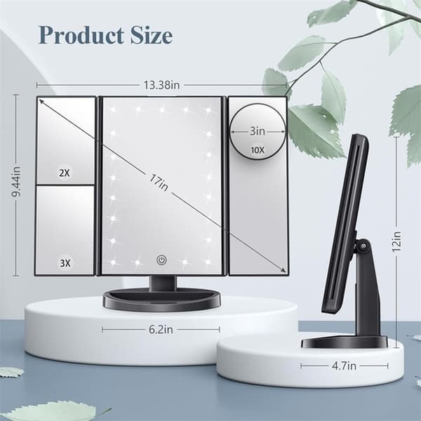 3-sidet sammenfoldelig makeup spejl, der kan dæmpes lys 22LED bordspejl - sort