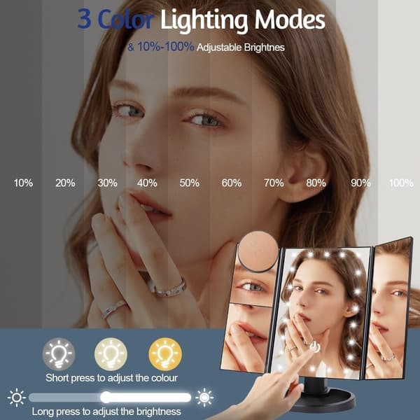 3-sidet sammenfoldelig makeup spejl, der kan dæmpes lys 22LED bordspejl - sort