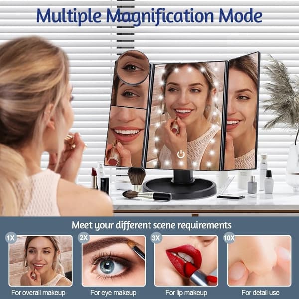 3-sidet sammenfoldelig makeup spejl, der kan dæmpes lys 22LED bordspejl - sort