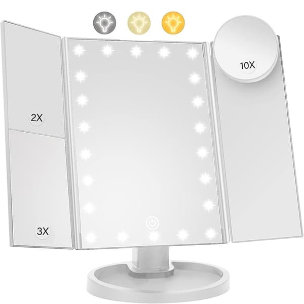 3-sidig hopfällbar sminkspegel Dimbar ljus 22LED Bordsspegel spegel - Vit