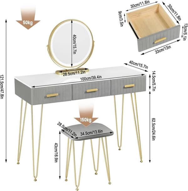 Rootz Sminkbord med spegel - Sminkbord - Sminkbord - LED-belysning - E1 MDF - 100 cm x 121,5 cm x 40 cm