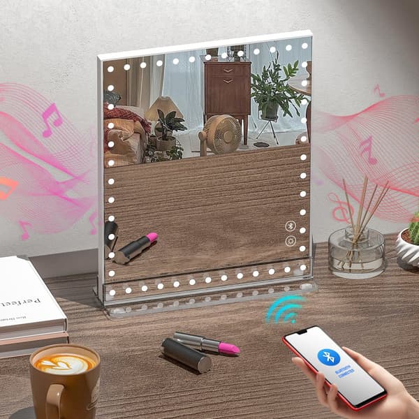 FENCHILIN Hollywood sminkspegel med belysning Bluetooth högtalare Spegel bordsskiva Vit 25 x 30 cm spegel med lampor