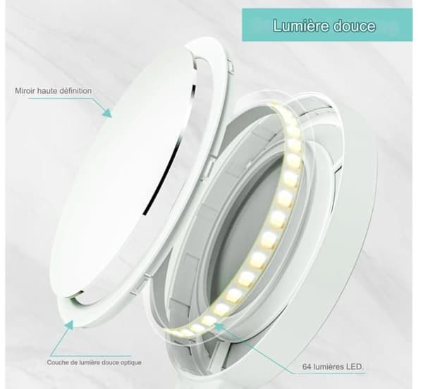 10x förstorande sminkspegel med LED-lampor, 3 färgbelysning, dubbelsidig, bärbar sminkspegel