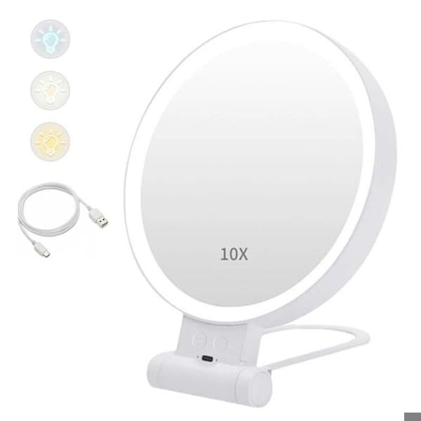 10x förstorande sminkspegel med LED-lampor, 3 färgbelysning, dubbelsidig, bärbar sminkspegel