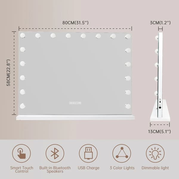 80cm x 58cm sminkspegel i Hollywood-stil med 18 st dimbara lampor och Bluetooth-högtalare, USB-port, 10 gångers förstoringsspegel