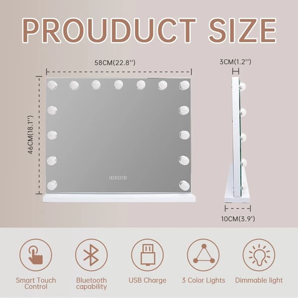 58cm x 46cm Hollywood stil sminkspegel med ljus, USB-laddningsport, Bluetooth-högtalare, smart touch-omkopplare