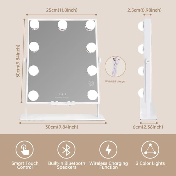 25cm*30cm upplyst Hollywood sminkspegel med Bluetooth och trådlös laddning, 9 dimbara glödlampor, 3 färgljuslägen