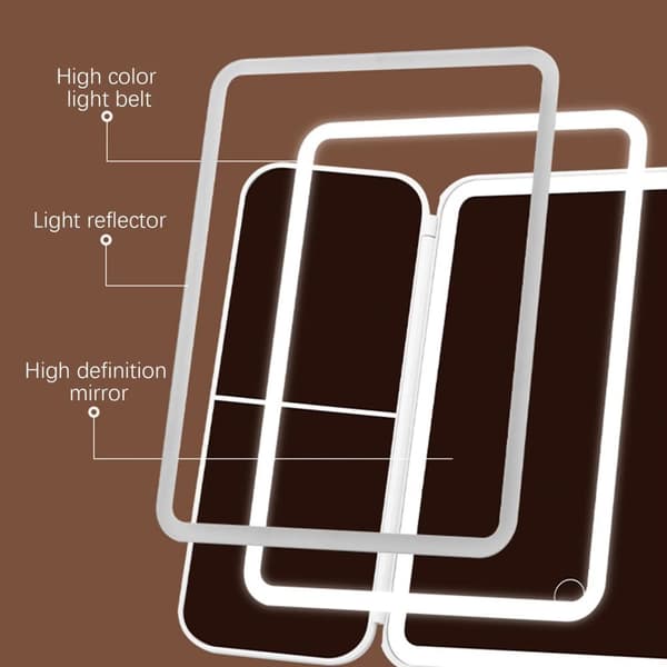 175x240 mm 3-vikta sidor bärbar sminkspegel med inbyggt LED-ljus, pekskärm, uppladdningsbar, 180° vridbar, justerbar ljusstyrka