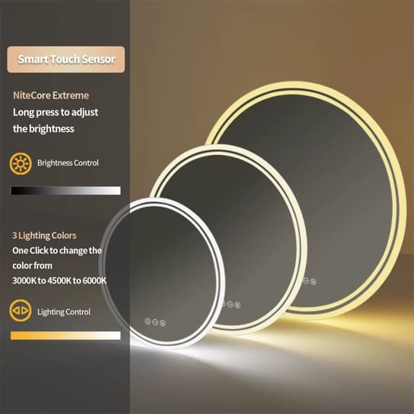 Ø60cm 24W anti-dim rund badrumsspegel med LED-belysning, pekskärm, 3 ljusfärger, justerbar ljusstyrka