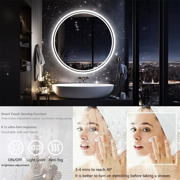 Ø60cm 24W anti-dim rund badrumsspegel med LED-belysning, pekskärm, 3 ljusfärger, justerbar ljusstyrka