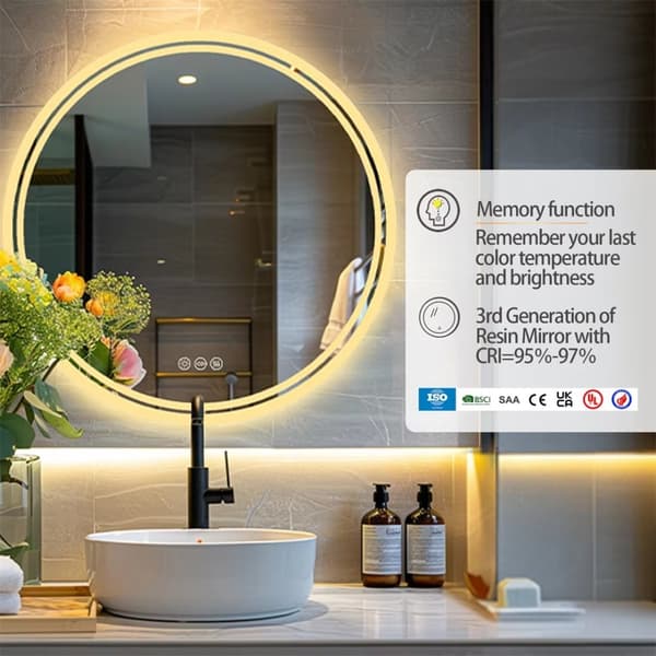 Ø60cm 24W anti-dim rund badrumsspegel med LED-belysning, pekskärm, 3 ljusfärger, justerbar ljusstyrka