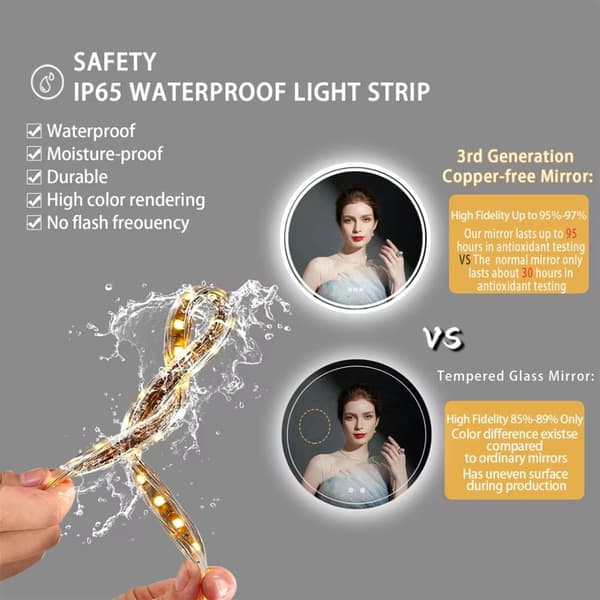 Ø60cm 24W anti-dim rund badrumsspegel med LED-belysning, pekskärm, 3 ljusfärger, justerbar ljusstyrka