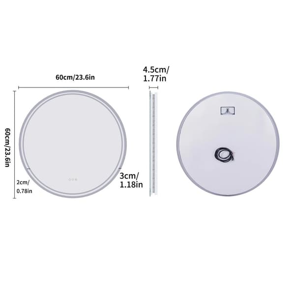 Ø60cm 24W anti-dim rund badrumsspegel med LED-belysning, pekskärm, 3 ljusfärger, justerbar ljusstyrka