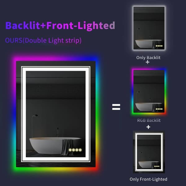 70x90cm 60W rektangulär väggmonterad badrumsspegel med flerfärgad RGB LED-ljus, vattentät och anti-dimma sminkspegel