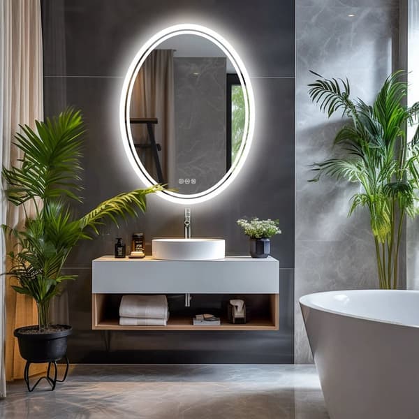 60 x 80 cm 24W väggmonterad anti-dimma badrumsspegel med LED-belysning, dimbar oval sminkspegel i modern stil