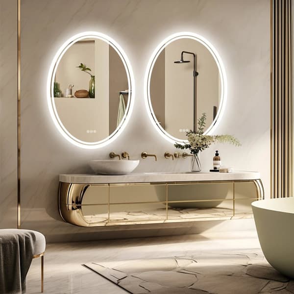 60 x 80 cm 24W väggmonterad anti-dimma badrumsspegel med LED-belysning, dimbar oval sminkspegel i modern stil