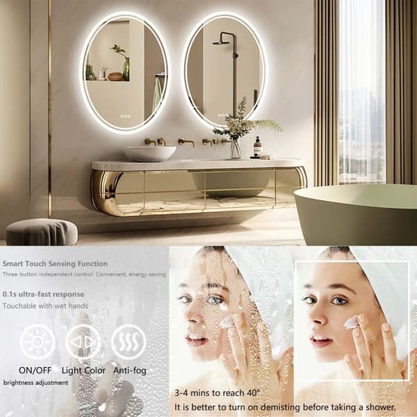 60 x 80 cm 24W väggmonterad anti-dimma badrumsspegel med LED-belysning, dimbar oval sminkspegel i modern stil