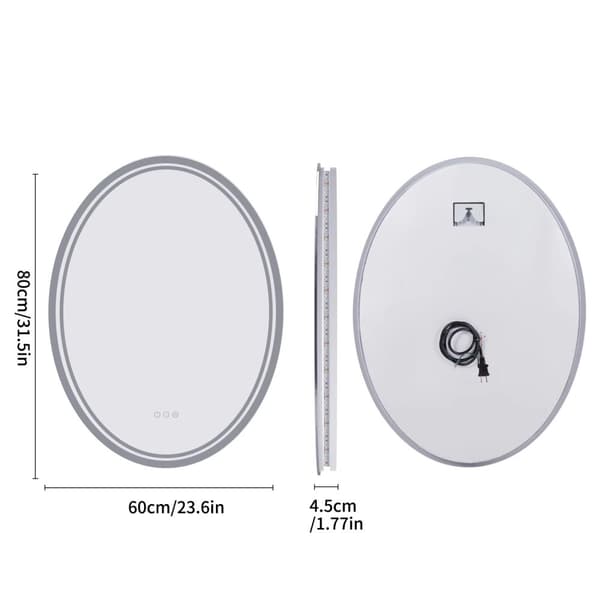 60 x 80 cm 24W väggmonterad anti-dimma badrumsspegel med LED-belysning, dimbar oval sminkspegel i modern stil