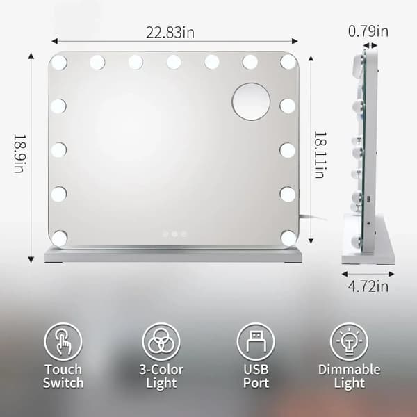22,8''x18,9'' Hollywood sminkspegel med dimbar belysning, USB-laddningsport, 3 ljusfärger, justerbar ljusstyrka, smart touch