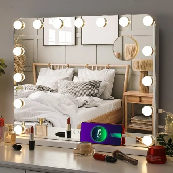 22,8''x18,9'' Hollywood sminkspegel med dimbar belysning, USB-laddningsport, 3 ljusfärger, justerbar ljusstyrka, smart touch