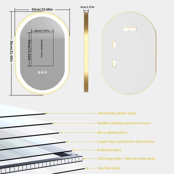 50x80cm 30W oval badrumsspegel med guldram och LED-belysning, dimbar anti-dimma smart sminkspegel