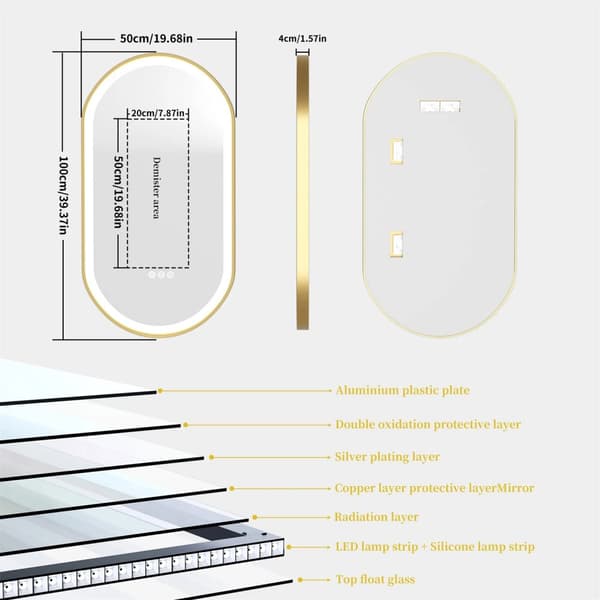 50x100cm 30W oval badrumsspegel med guldram och LED-belysning, dimbar anti-dimma smart sminkspegel