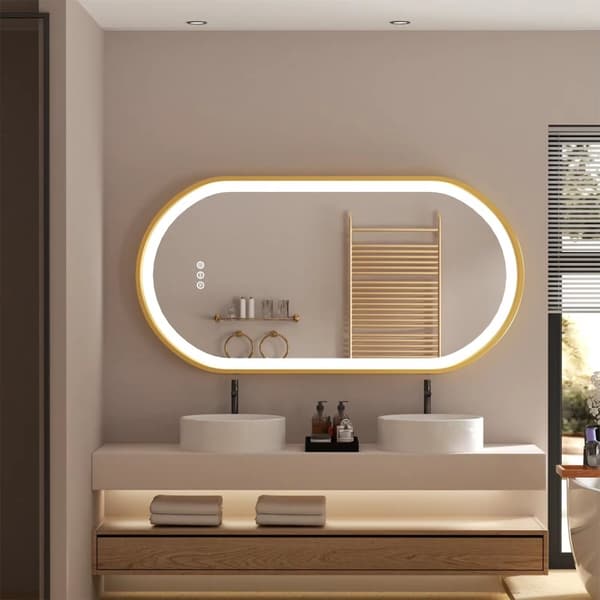 50x100cm 30W oval badrumsspegel med guldram och LED-belysning, dimbar anti-dimma smart sminkspegel