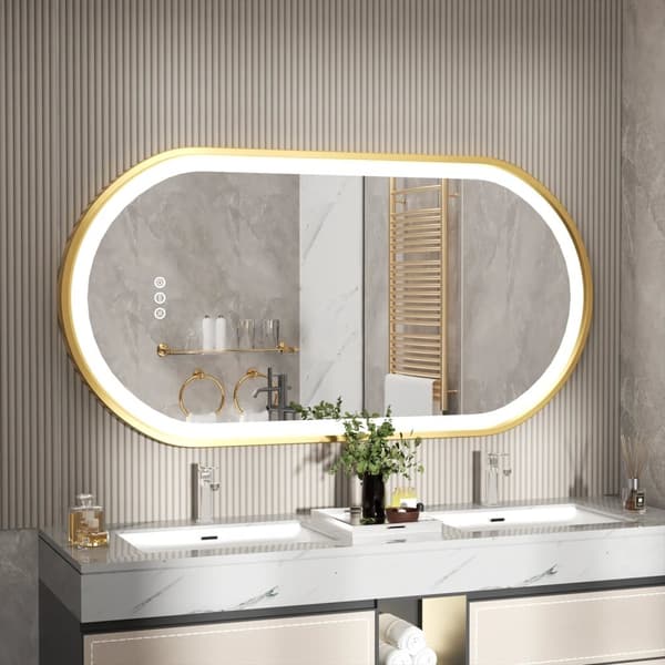 50x100cm 30W oval badrumsspegel med guldram och LED-belysning, dimbar anti-dimma smart sminkspegel