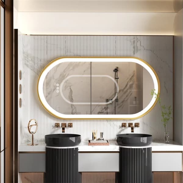 60x120cm 30W oval badrumsspegel med guldram och LED-belysning, dimbar anti-dimma smart sminkspegel