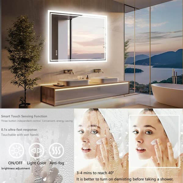 70 x 90 cm 24W väggmonterad badrumsspegel med LED-ljus, anti-dimma sminkspegel, 3 ljusfärger, energieffektiv