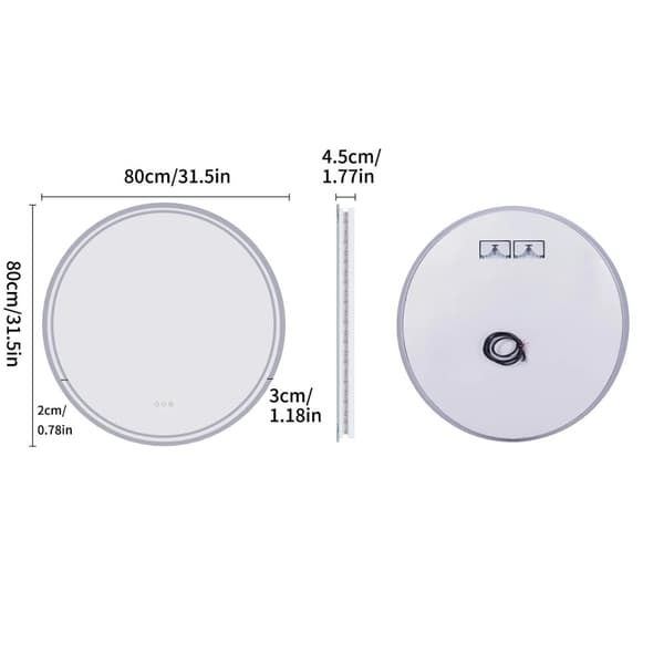 Ø80cm 24W väggmonterad anti-dimma badrumsspegel med starkare ljus, vattentät sminkspegel med minnesfunktion, 3 ljus färger