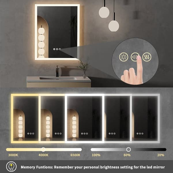 16x20 tum LED-belyst badrumsspegel med anti-dimfunktion, väggmonterad sminkspegel med smart touch-knapp, minnesfunktion