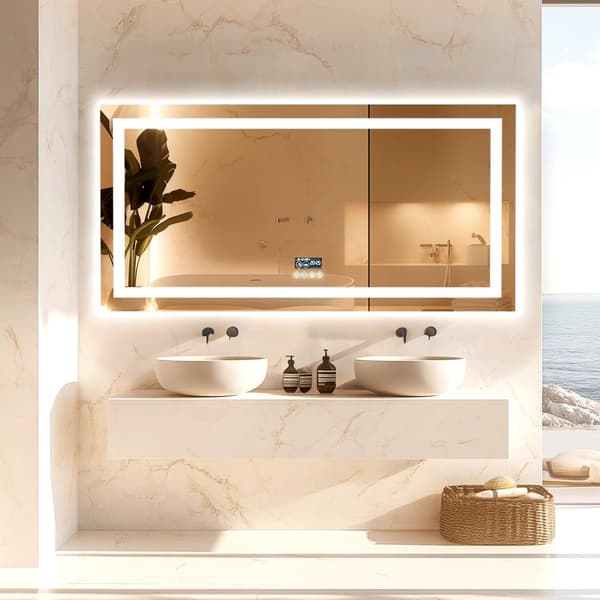 55x28 tum 48W LED-bakgrundsbelyst badrumsspegel med digital display, Bluetooth-högtalare, sminkspegel med anti-dimsystem