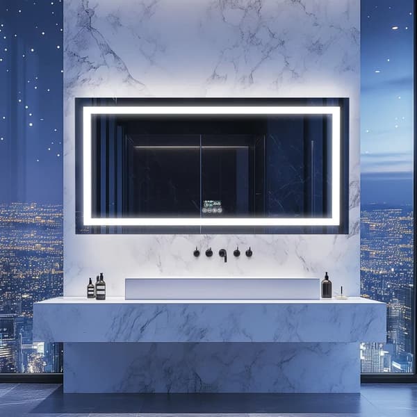 55x28 tum 48W LED-bakgrundsbelyst badrumsspegel med digital display, Bluetooth-högtalare, sminkspegel med anti-dimsystem