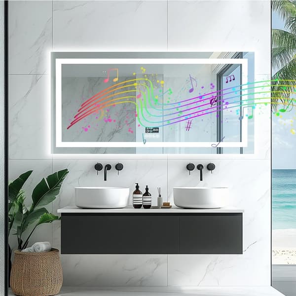55x28 tum 48W LED-bakgrundsbelyst badrumsspegel med digital display, Bluetooth-högtalare, sminkspegel med anti-dimsystem