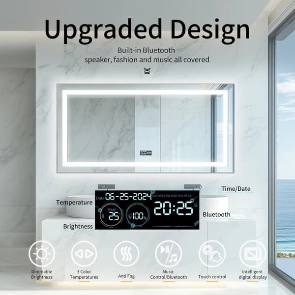 55x28 tum 48W LED-bakgrundsbelyst badrumsspegel med digital display, Bluetooth-högtalare, sminkspegel med anti-dimsystem