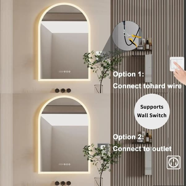 36 x 24 tum välvd LED-bakgrundsbelyst badrumsspegel, dimbar 3-färgs anti-dimma sminkspegel med tids- och temperaturvisning