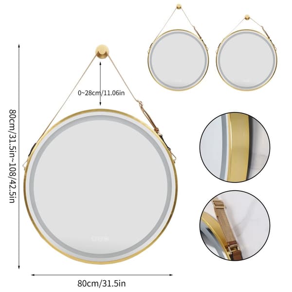 Ø80cm 24W guld rund väggmonterad badrumsspegel med ljus, anti-dimma och dimbar sminkspegel, 3 ljuslägen