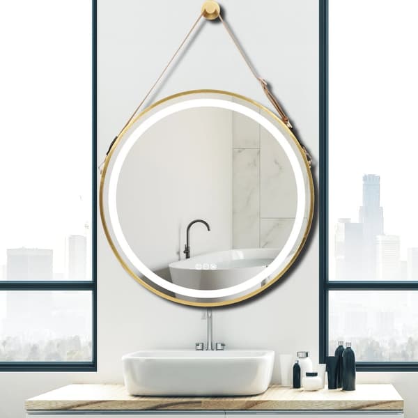 Ø80cm 24W guld rund väggmonterad badrumsspegel med ljus, anti-dimma och dimbar sminkspegel, 3 ljuslägen