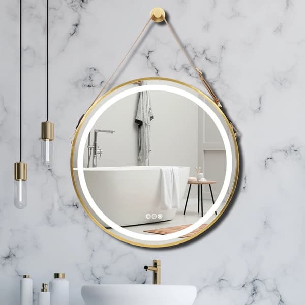 Ø80cm 24W guld rund väggmonterad badrumsspegel med ljus, anti-dimma och dimbar sminkspegel, 3 ljuslägen